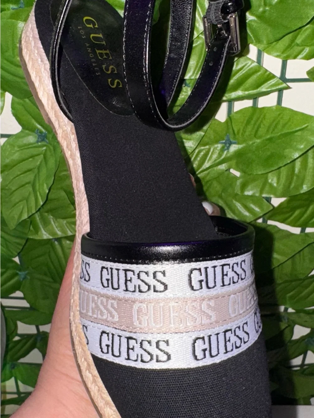 GUESS Black and White Logo Espadrille Slingback